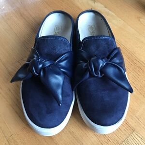 Spenco barbados shoes suede bow mules navy blue womens size 6.5 slides slip on